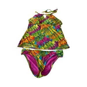 Trina Turk 2 PC Tankini Bikini Set Green Pink Floral Top Size 10 Bottom 8